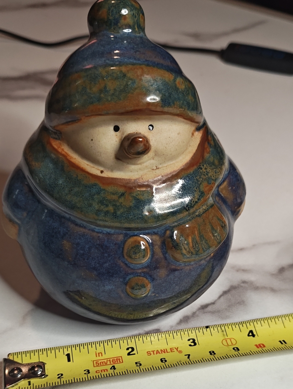 Ceramic Snowman Figurine in Blue and Green